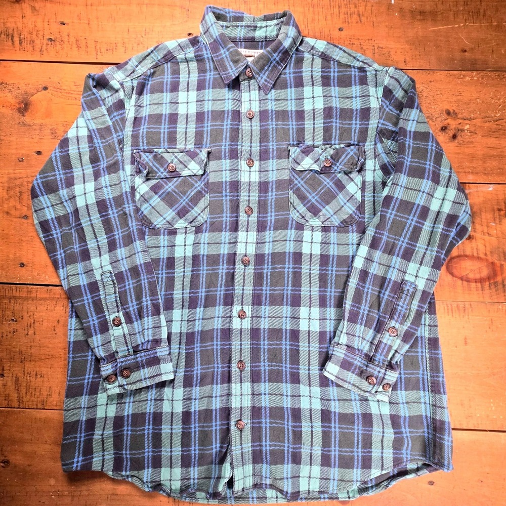 Duluth Trading Co Mens XL Tall Plaid Flannel Button Up Shirt Teal Blue Cotton